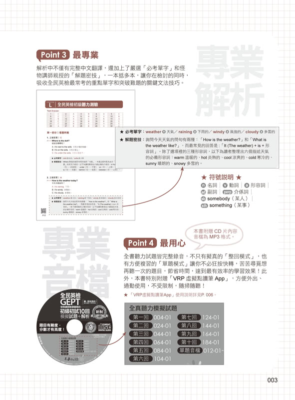 怪物講師教學團隊的GEPT全民英檢初級初試10回模擬試題+解析（2書+整回/單題雙模式MP3+VRP虛擬點讀筆App+防